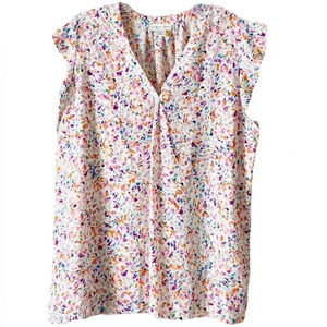ADRIENNE VITTADINI | Women's Floral Print V-neck Ruffle Sleeveless Top Size XL